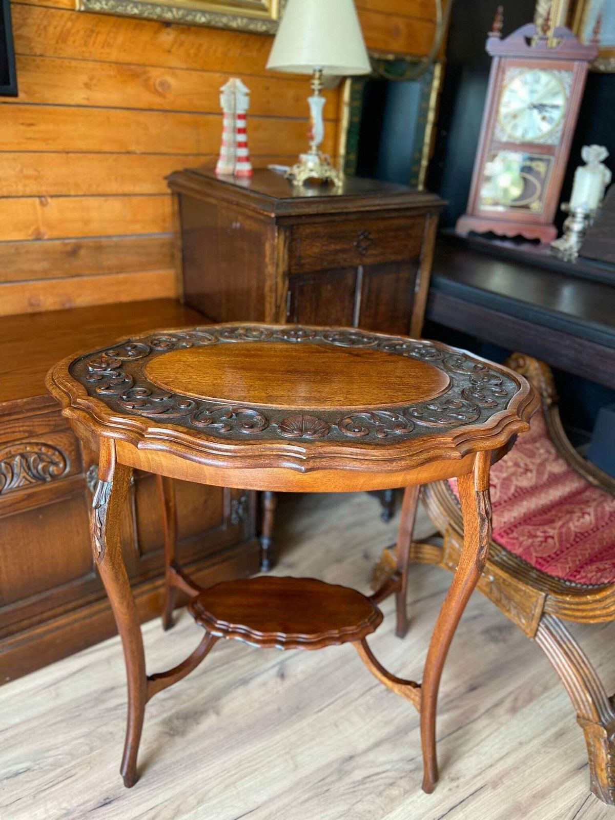 photo for sale Antique Victorian Mahogany Oval Foliate Carving Window Table / English 19th Century