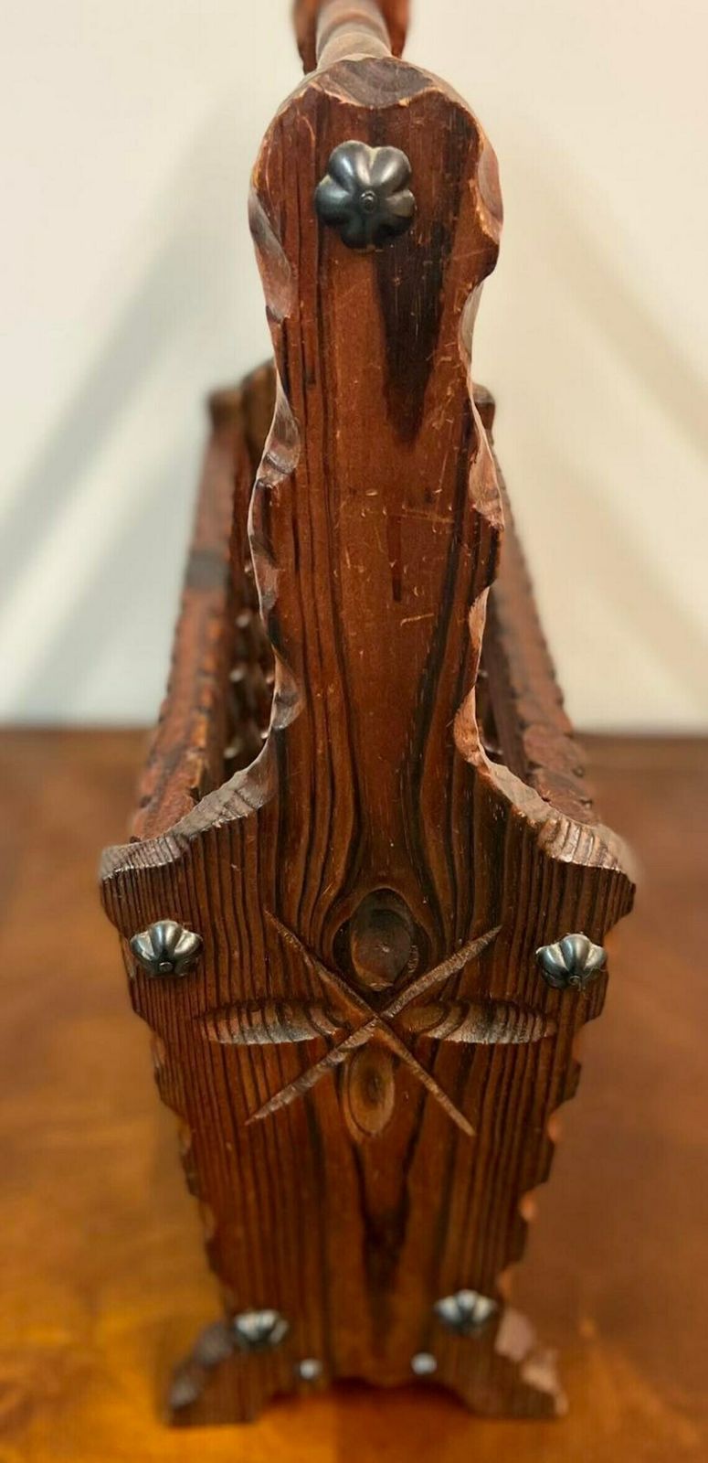 Vintage Massive Wooden Magazine Newspaper Basket / Hand Carved photo for sale