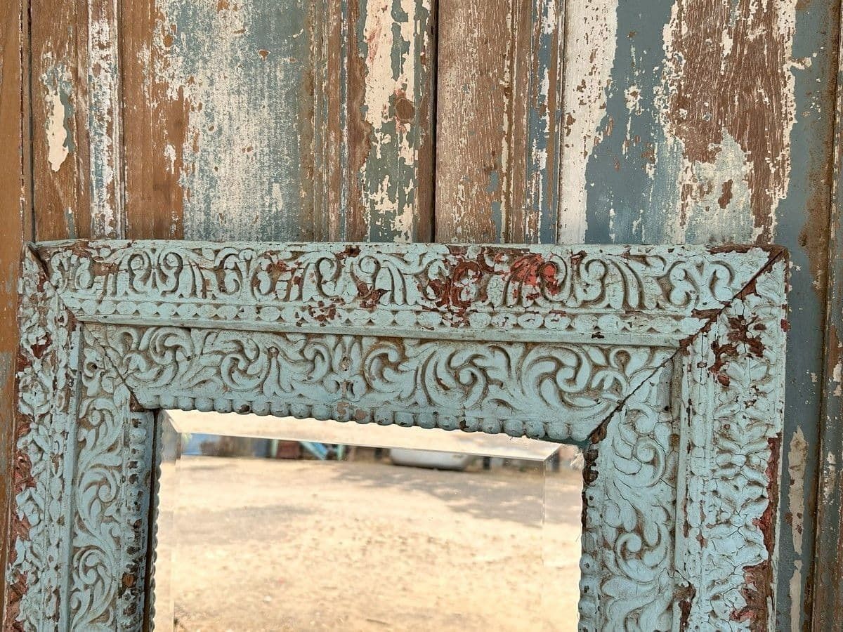 Mirror Made From A Carved Palace Window With Faded Blue Paint Tones photo furniture