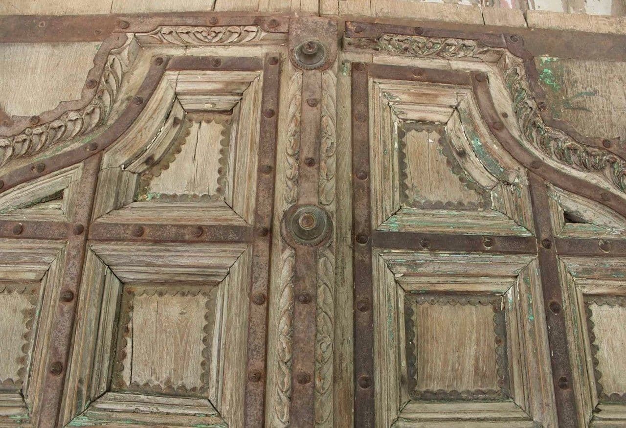 19th Century Haveli Doors In Pale Teak With Iron Work, Western Rajasthan photo for sale