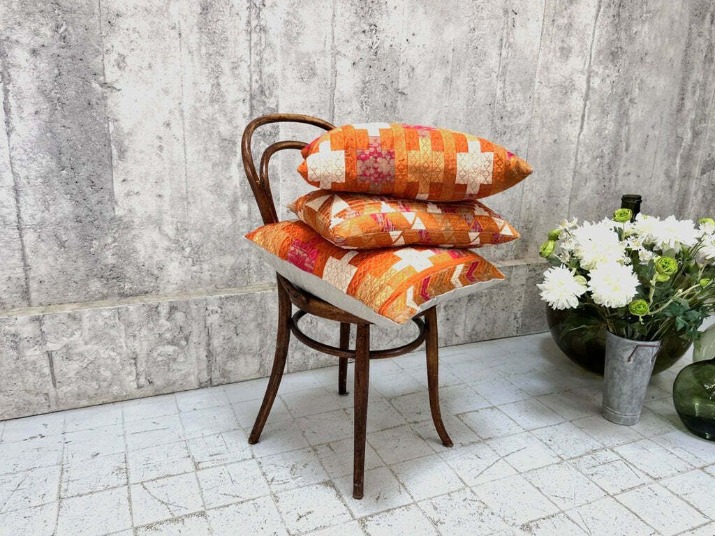 Set Of Three Vintage Hand Embroidered Silk Sunset Scatter Cushions