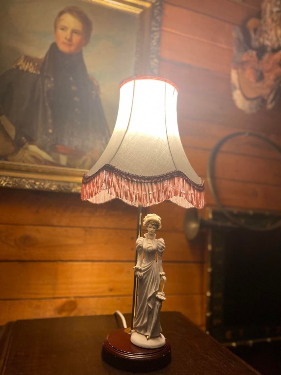 Vintage Very Stylish Table Lamp With Ceramic Ladies Figure / Fabric Shade / Wooden Base / Table Lamp / Made In England 1950s