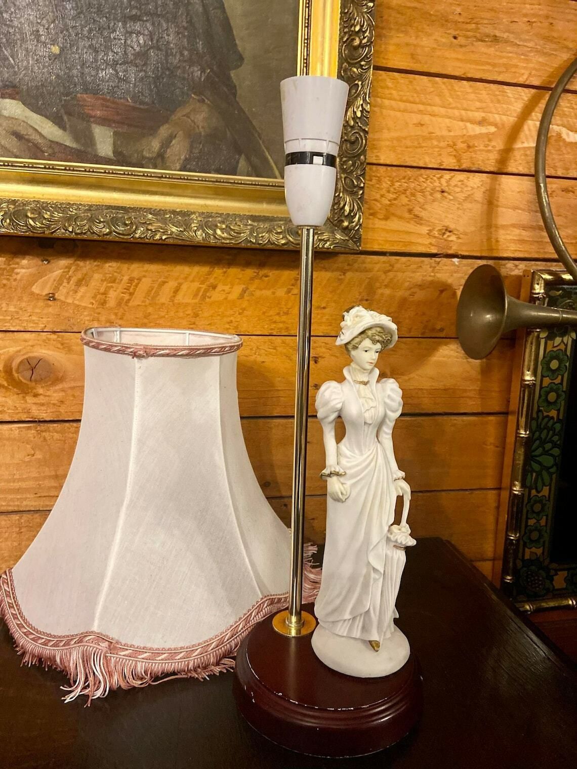 Vintage Very Stylish Table Lamp With Ceramic Ladies Figure / Fabric Shade / Wooden Base / Table Lamp / Made In England 1950s photo for sale