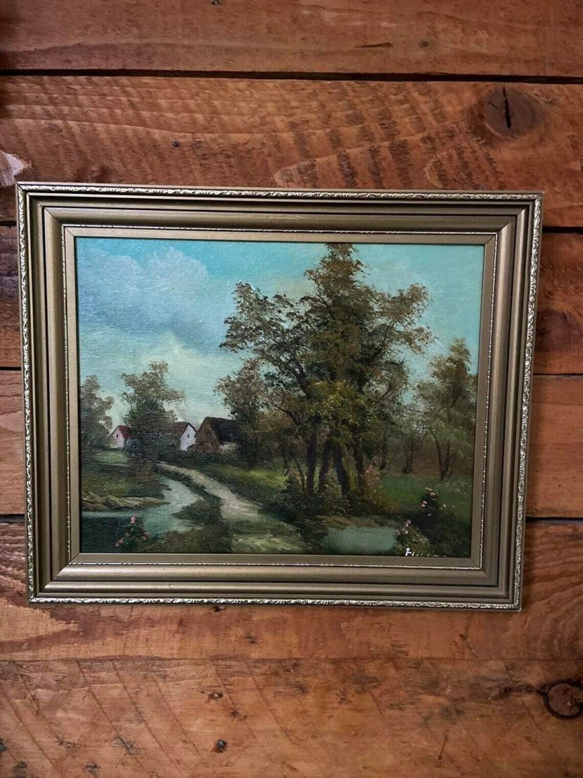 Vintage Oil On Canvas 1980s / Signed Flumen / Framed / Cottage Landscape