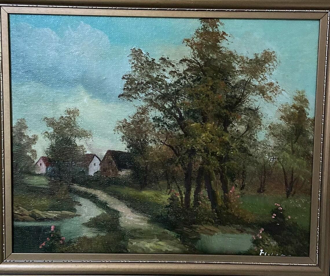 Vintage Oil On Canvas 1980s / Signed Flumen / Framed / Cottage Landscape photo furniture