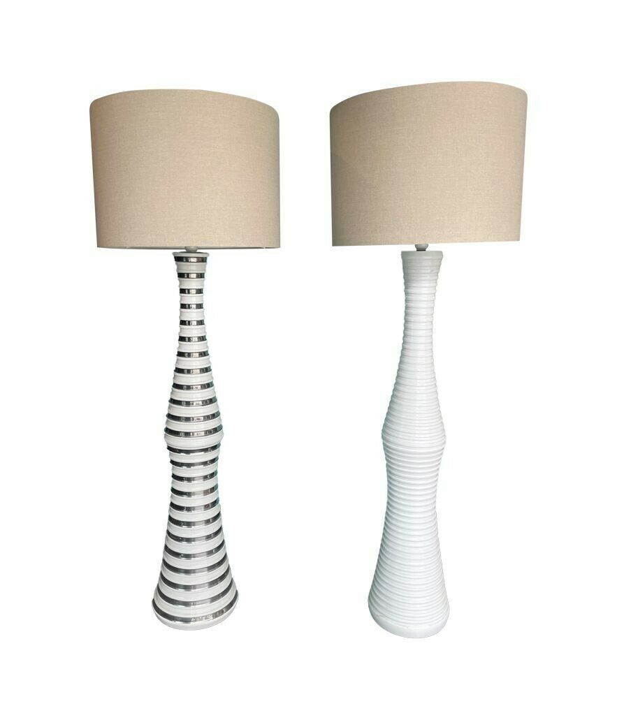 A Large 1970s Italian White Ribbed Ceramic Floor Lamp With Natural Linen Shade photo 950.0