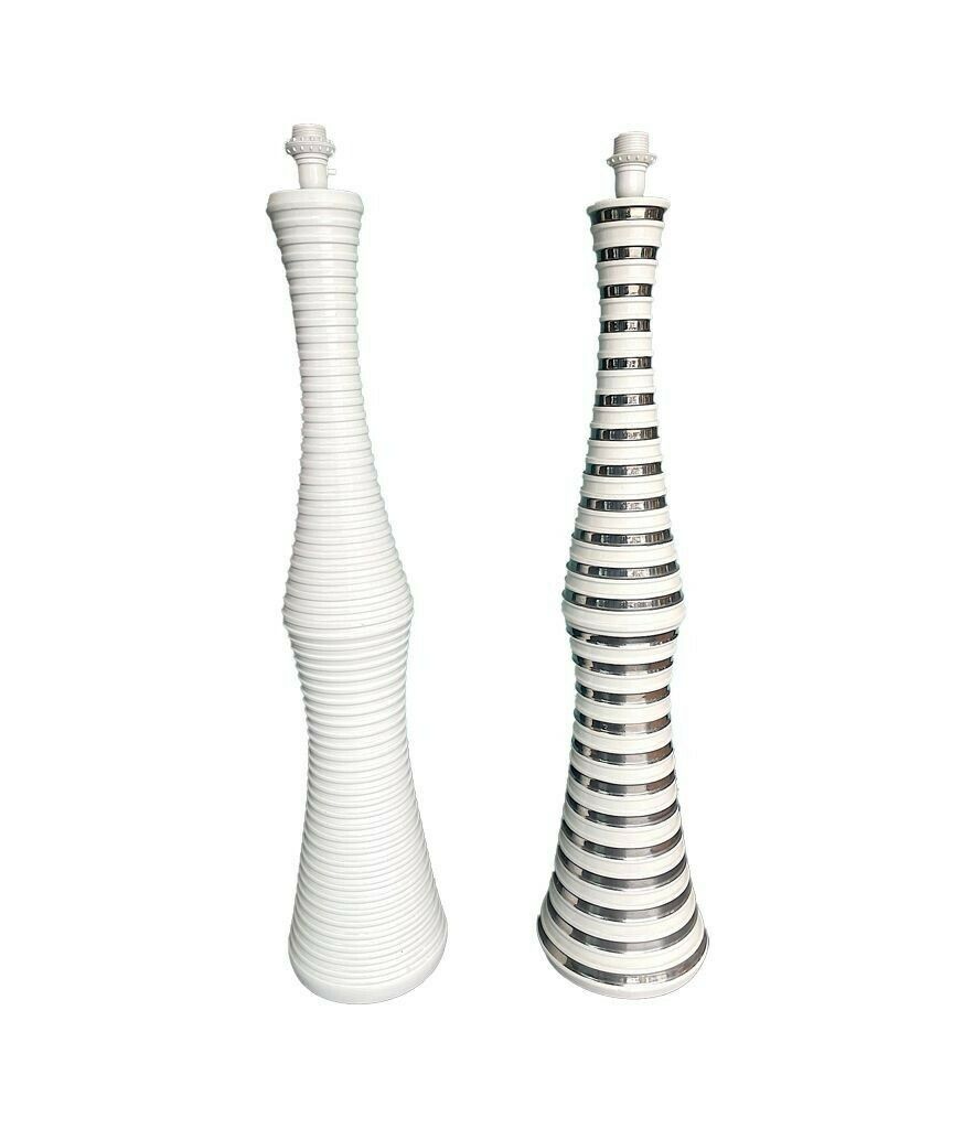 A Large 1970s Italian White Ribbed Ceramic Floor Lamp With Natural Linen Shade photo vinterior