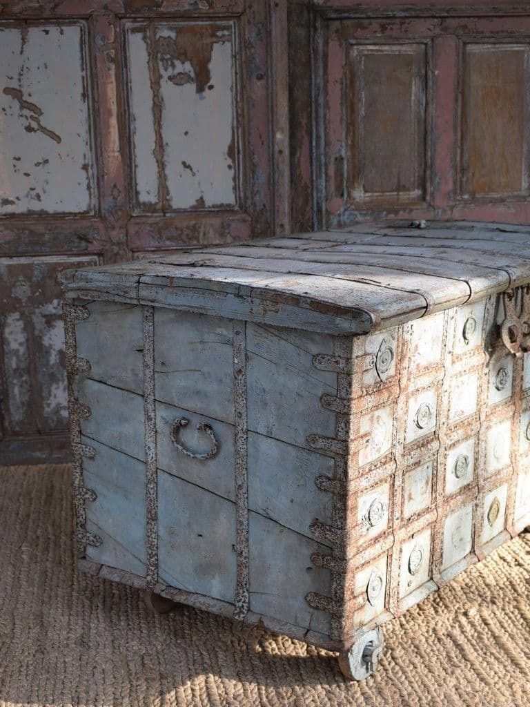 Tribal Dowry Chest On Wheels With Faded Blue Paint photo furniture