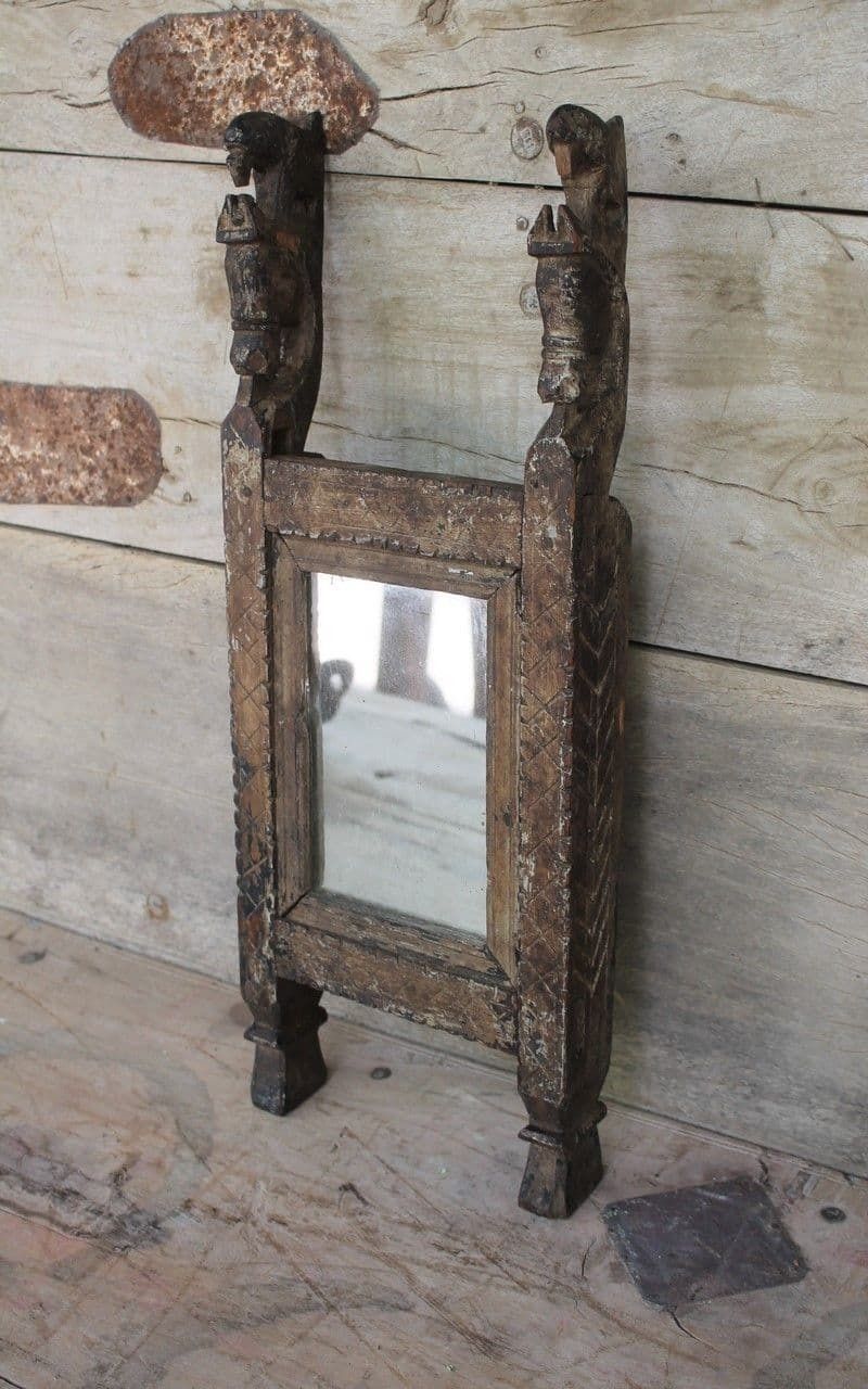 Tribal Mirror With Horse Head And Peacock Carvings photo furniture