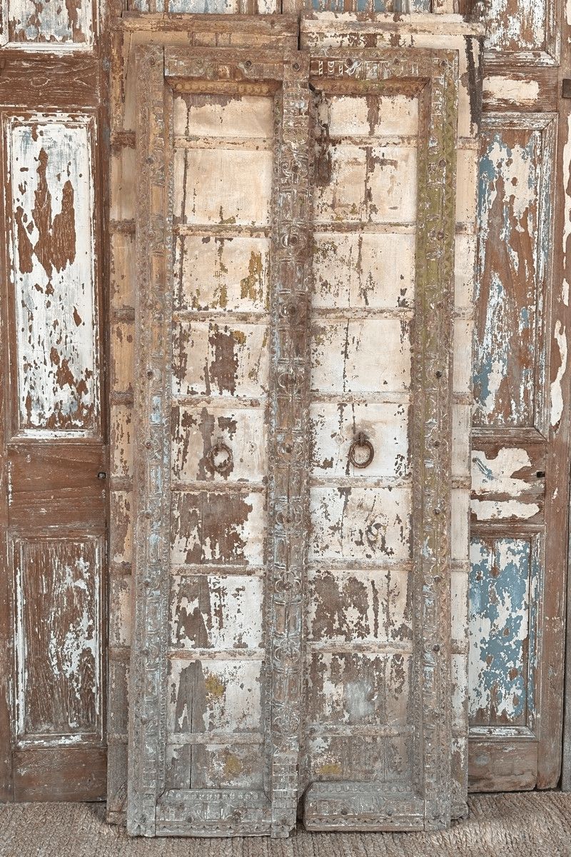 19th Century Haveli Door With Faded Paint Tones, Gujarat