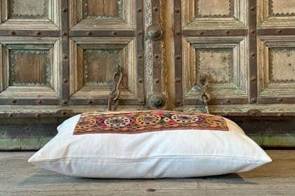 Vintage Linen Cushion With Appliqued Antique Embroidery photo furniture