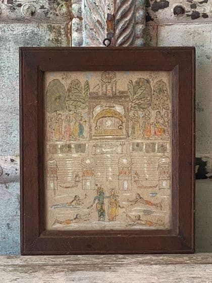 Vintage Watercolour Sketch Of Lord Krishna With Rada And Maiden Attendants
