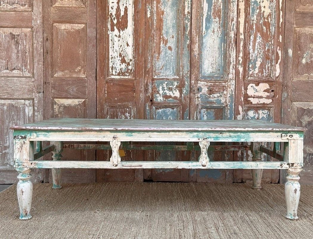 Antique Coffee Table With Faded Aqua Blue Paint Tones