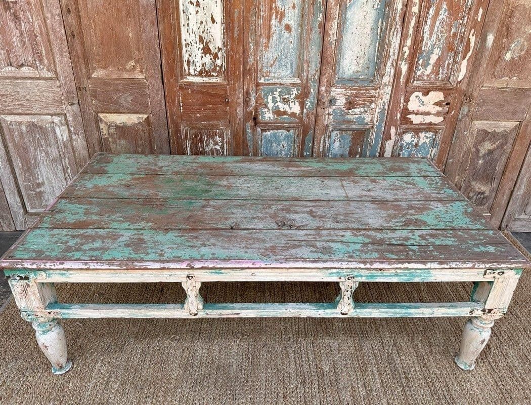 Antique Coffee Table With Faded Aqua Blue Paint Tones photo furniture