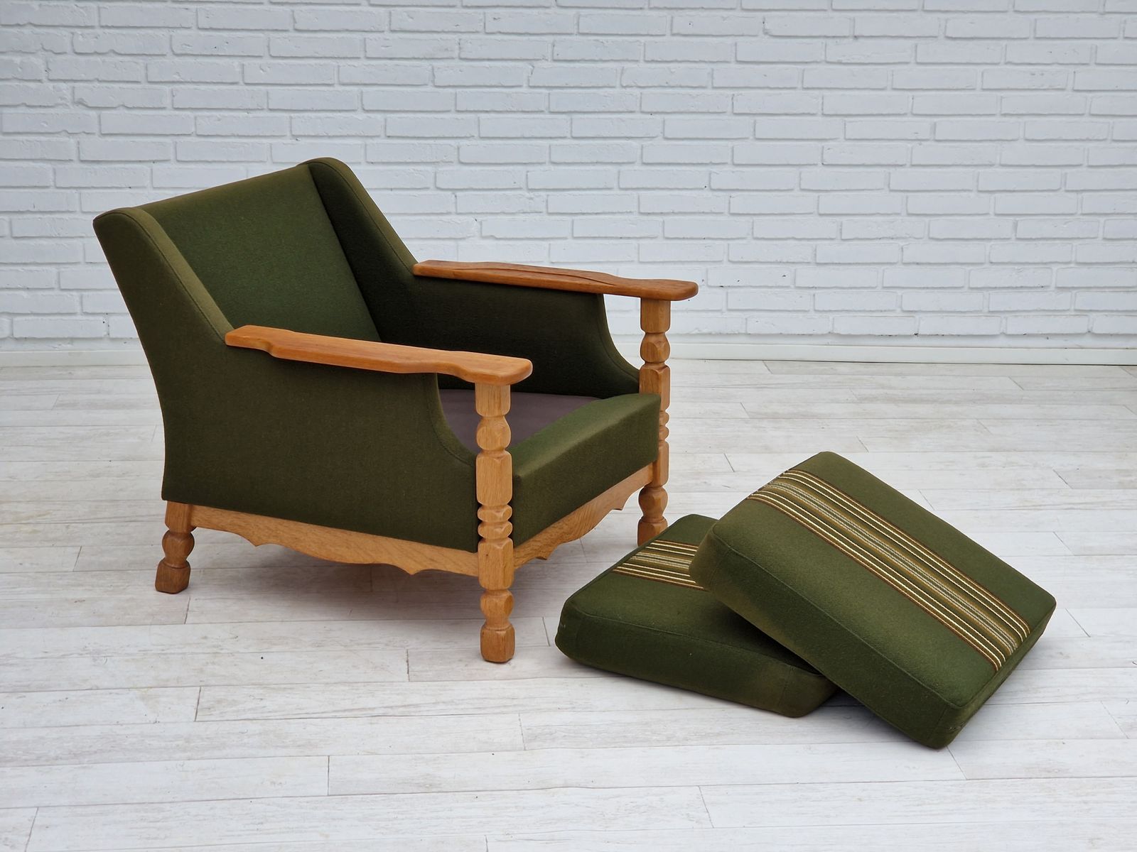 Furniture 1970s, Danish Design, Lounge Chair In Green Furniture Wool, Oak Wood. photo