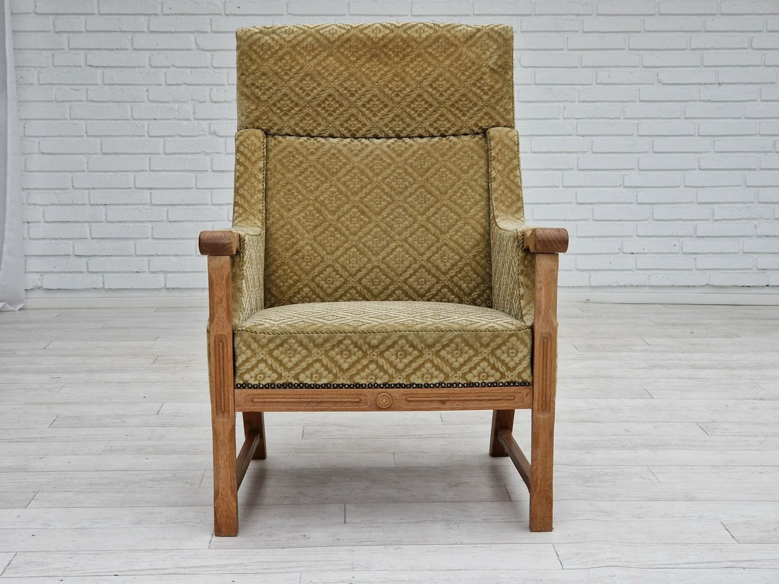 1960s, Danish Design, Highback Armchair, Furniture Fabric, Oak Wood. photo for sale