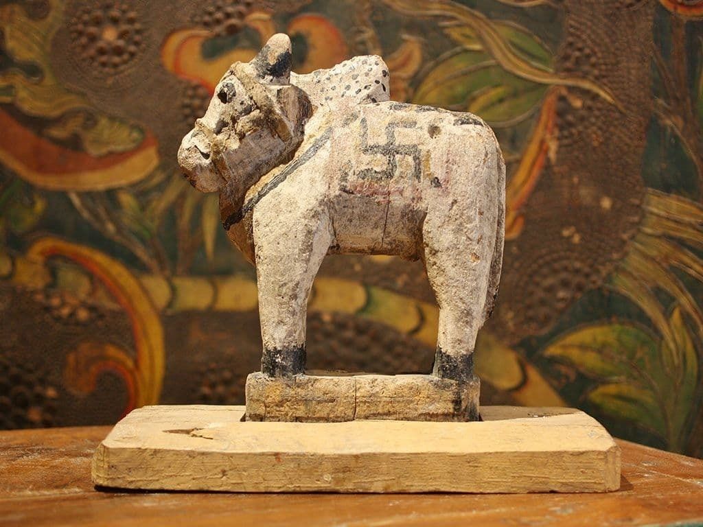 Wooden Painted Nandi With Hindu Symbol