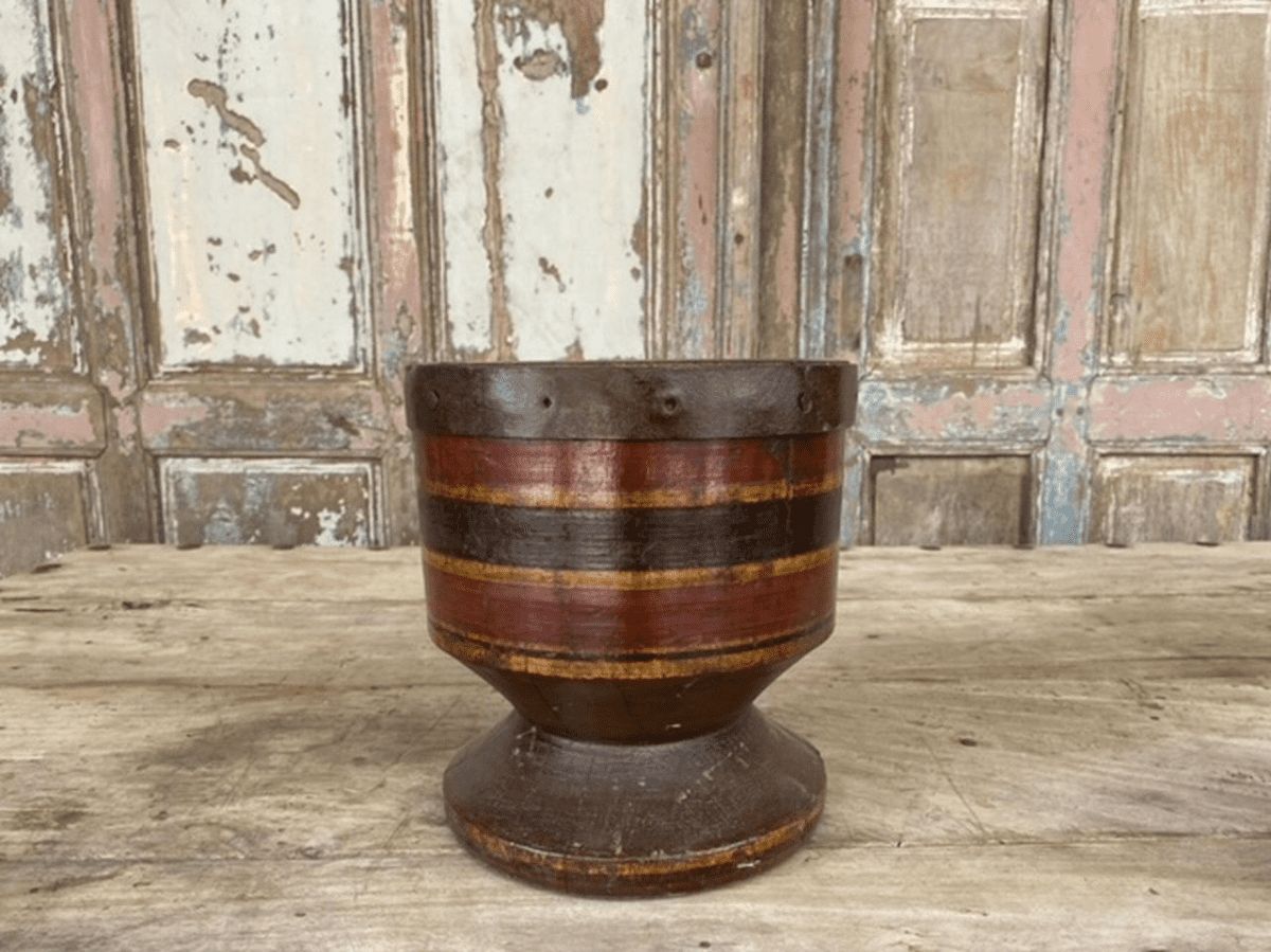 Hand Painted Tribal Teak Mortar, Rajasthan