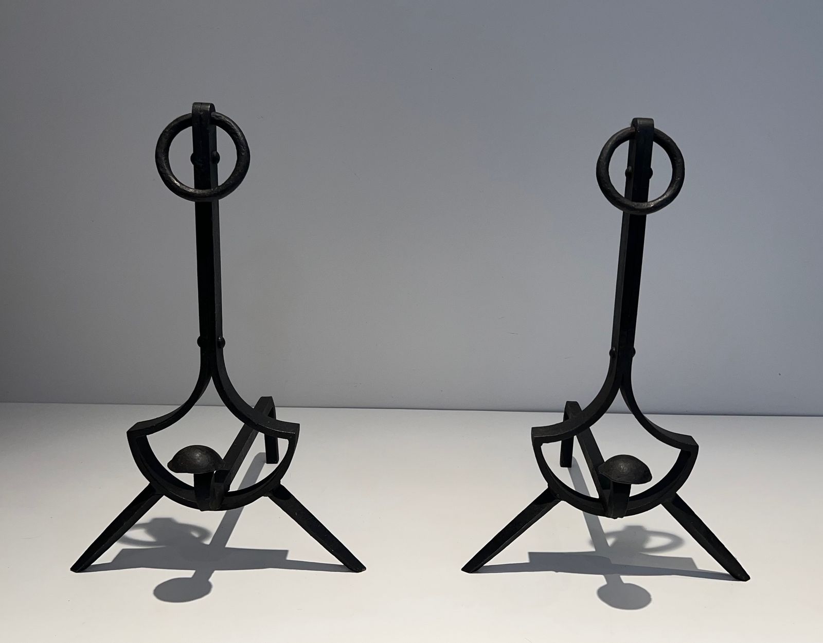 980.0 Pair Of Modernist Wrought Iron Andirons photo