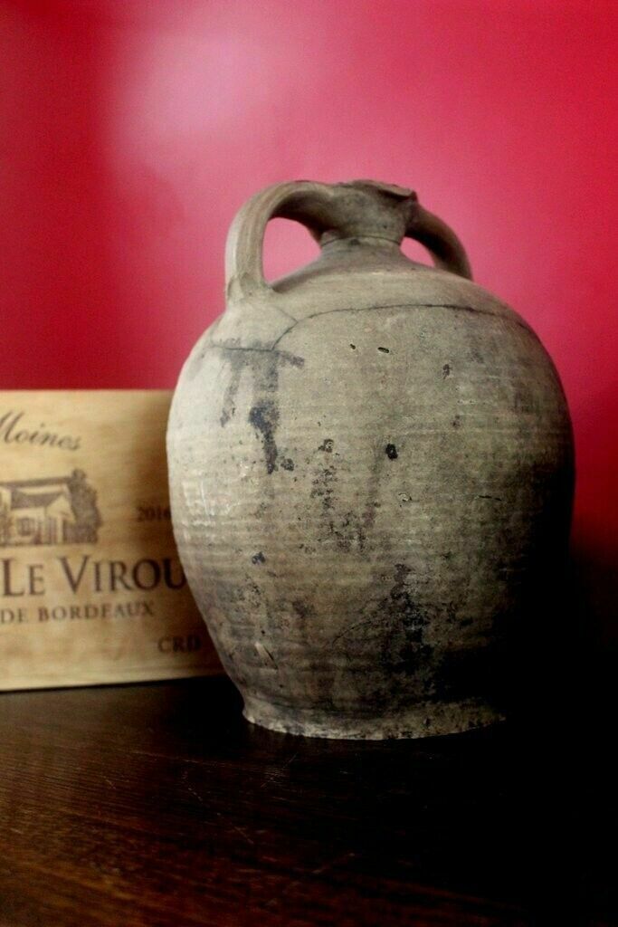 Tactile 19thc Antique French Hand Turned Clay Stoneware Twinhandled Oil Pot photo furniture