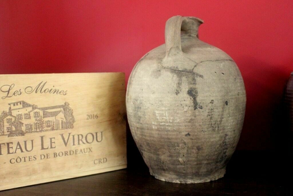 Tactile 19thc Antique French Hand Turned Clay Stoneware Twinhandled Oil Pot photo for sale