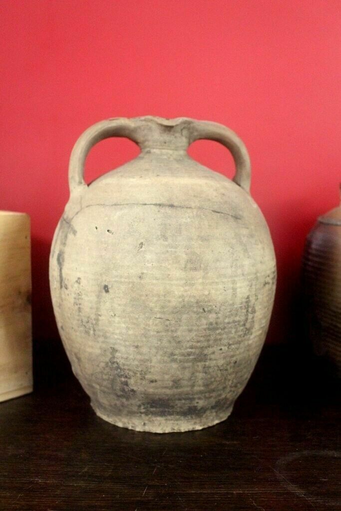 Tactile 19thc Antique French Hand Turned Clay Stoneware Twinhandled Oil Pot photo Home Decor