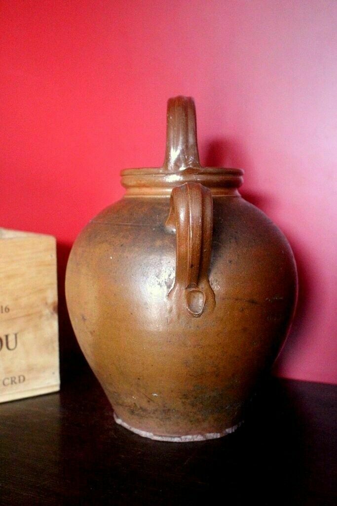 19thc Antique French Hand Turned Clay Stoneware 2 Handle Oil Pot photo furniture