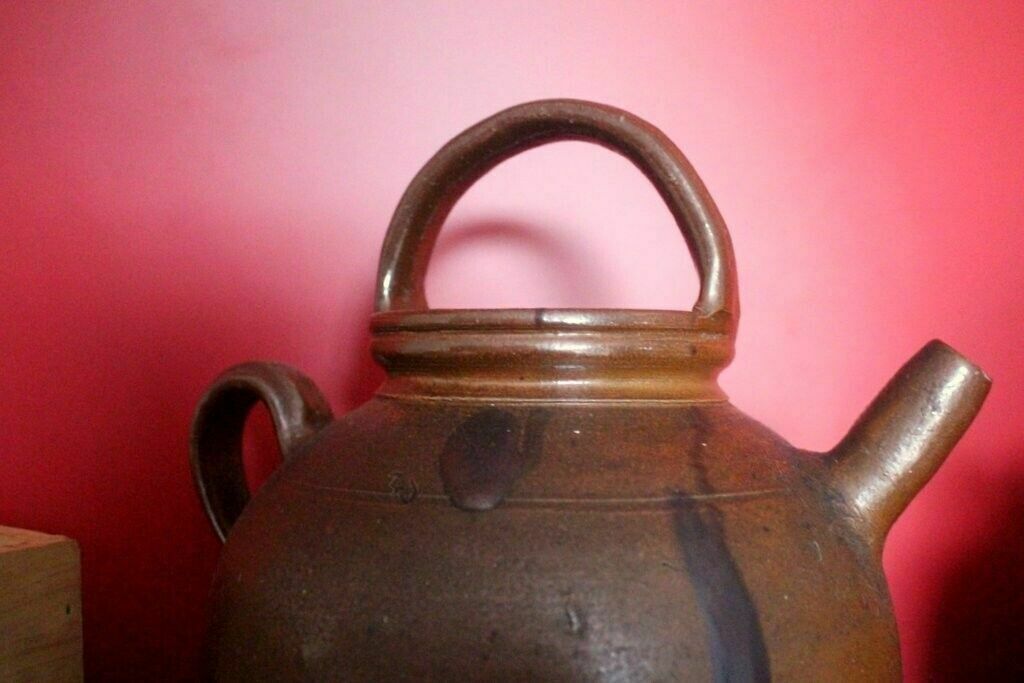 19thc Antique French Hand Turned Clay Stoneware 2 Handle Oil Pot photo 101.0