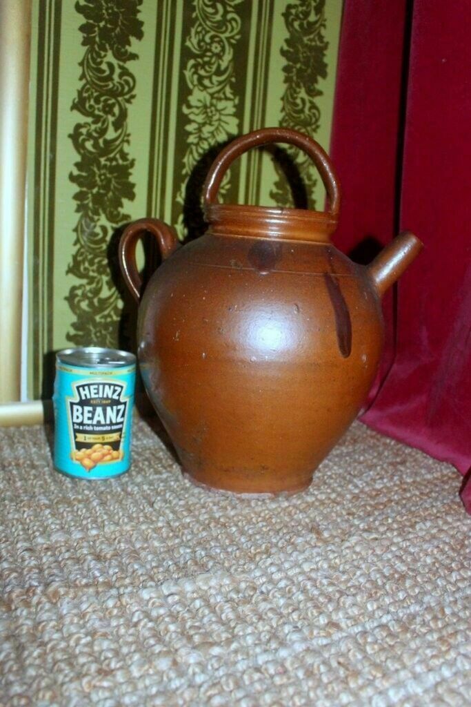 19thc Antique French Hand Turned Clay Stoneware 2 Handle Oil Pot photo vinterior