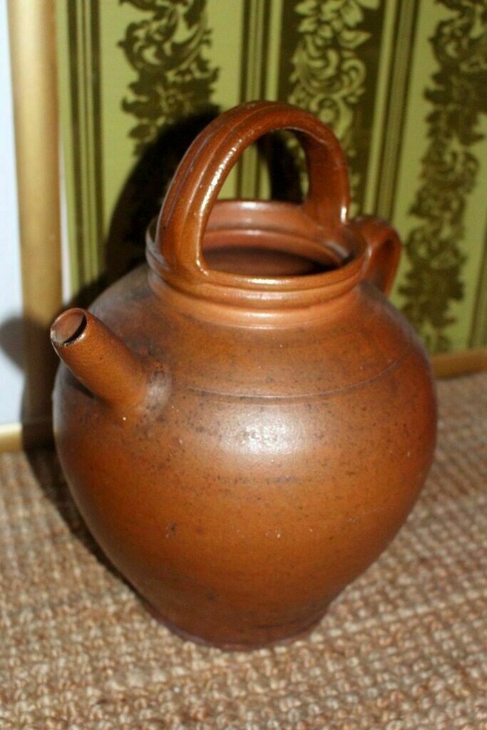 19thc Antique French Hand Turned Clay Stoneware 2 Handle Oil Pot photo buy