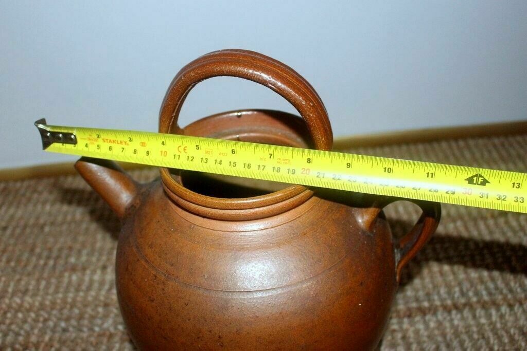 photo for sale 19thc Antique French Hand Turned Clay Stoneware 2 Handle Oil Pot