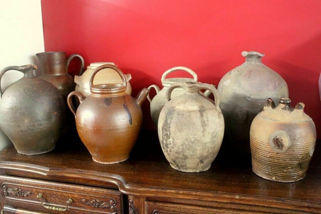 photo buy 19thc Antique French Hand Turned Clay Stoneware 2 Handle Oil Pot
