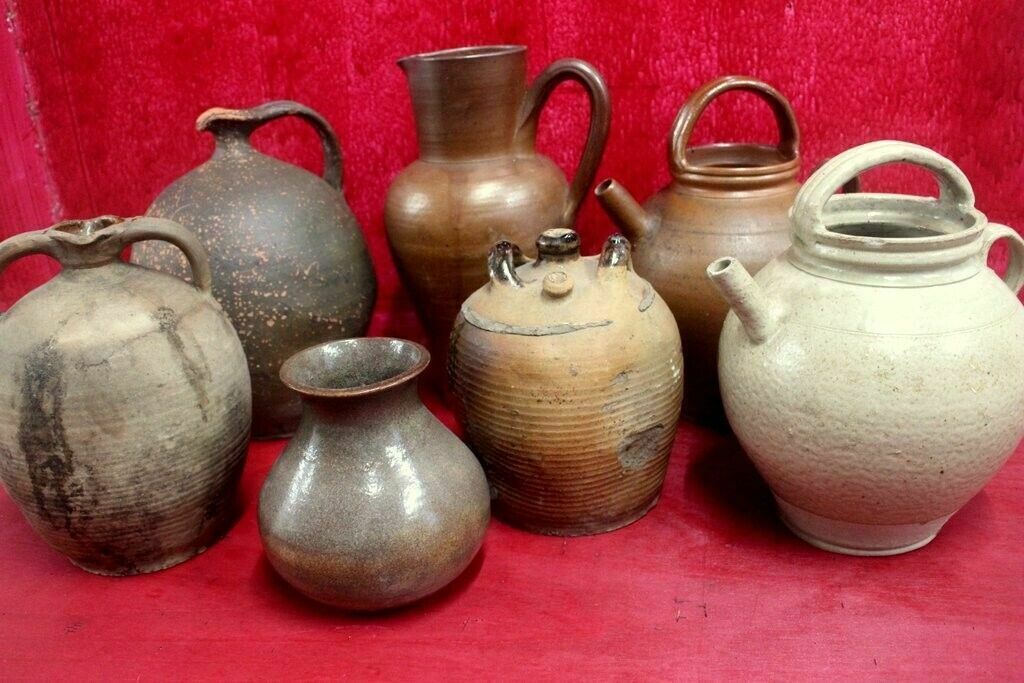 photo vintage 19thc Antique French Hand Turned Clay Stoneware 2 Handle Oil Pot