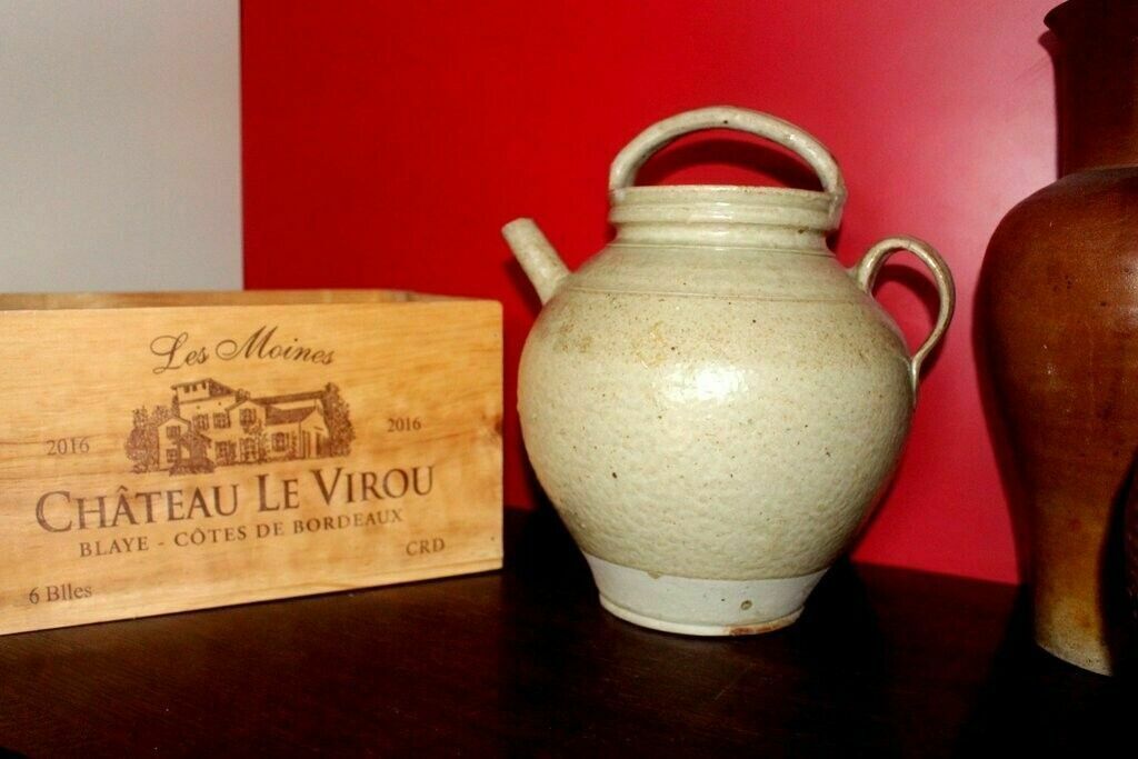 19thc Cream Antique French Hand Turned Clay Stoneware 2 Handle Oil Pot photo for sale