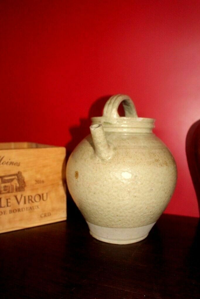 19thc Cream Antique French Hand Turned Clay Stoneware 2 Handle Oil Pot photo Home Decor