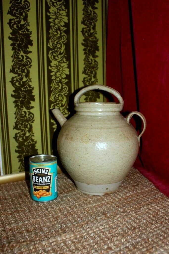 19thc Cream Antique French Hand Turned Clay Stoneware 2 Handle Oil Pot photo vintage