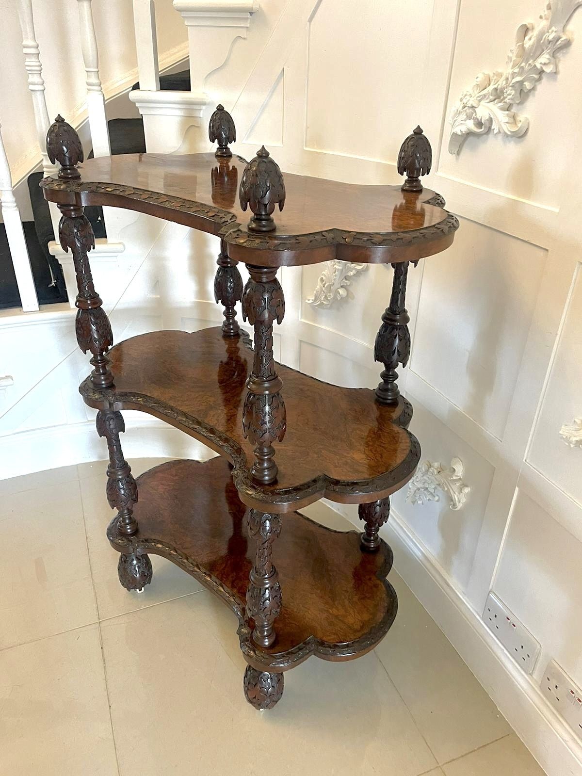 Rare Irish Antique 19th Century Exhibition Quality Freestanding Burr Walnut Carved Whatnot photo buy