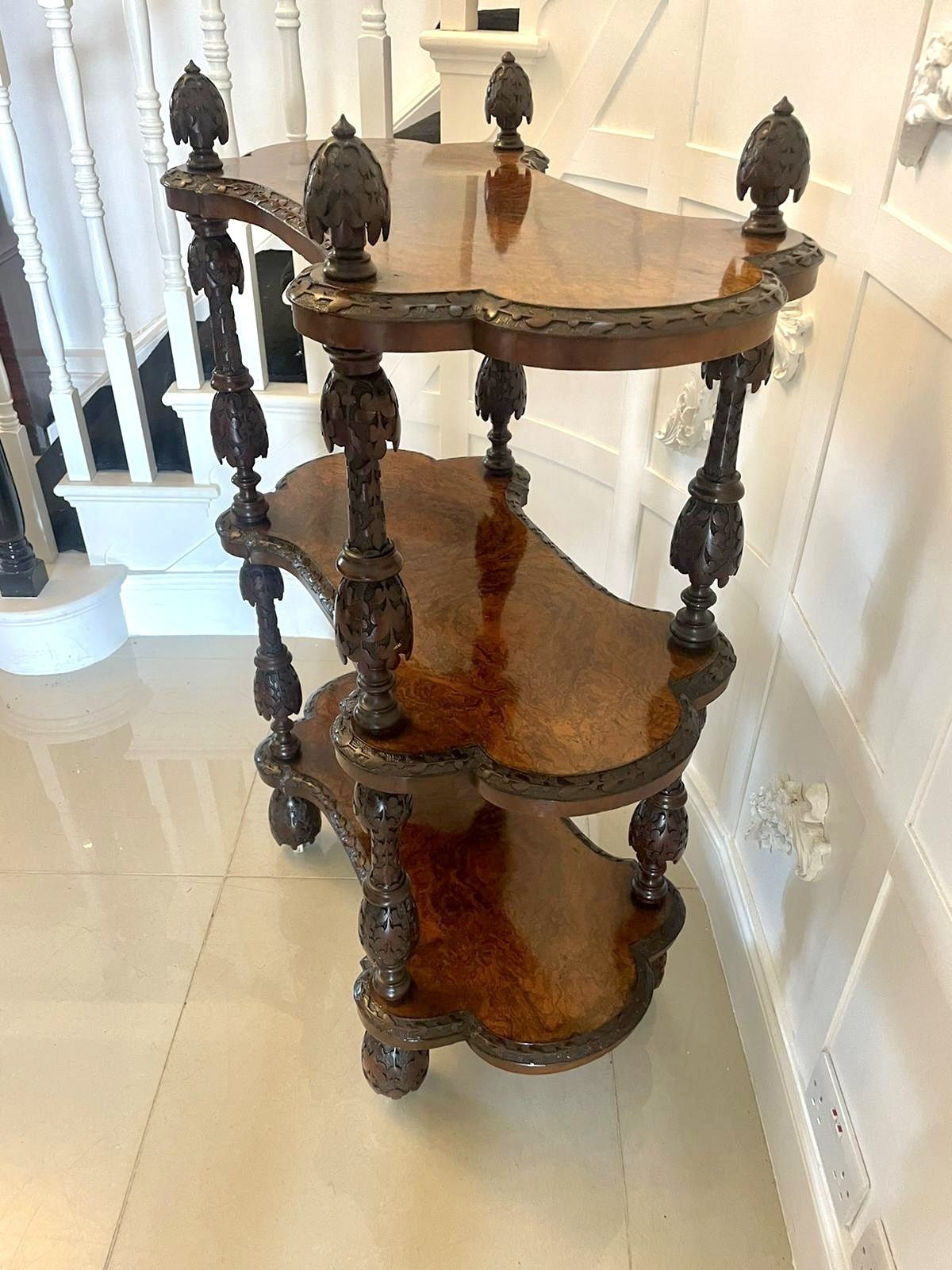 Rare Irish Antique 19th Century Exhibition Quality Freestanding Burr Walnut Carved Whatnot photo vintage
