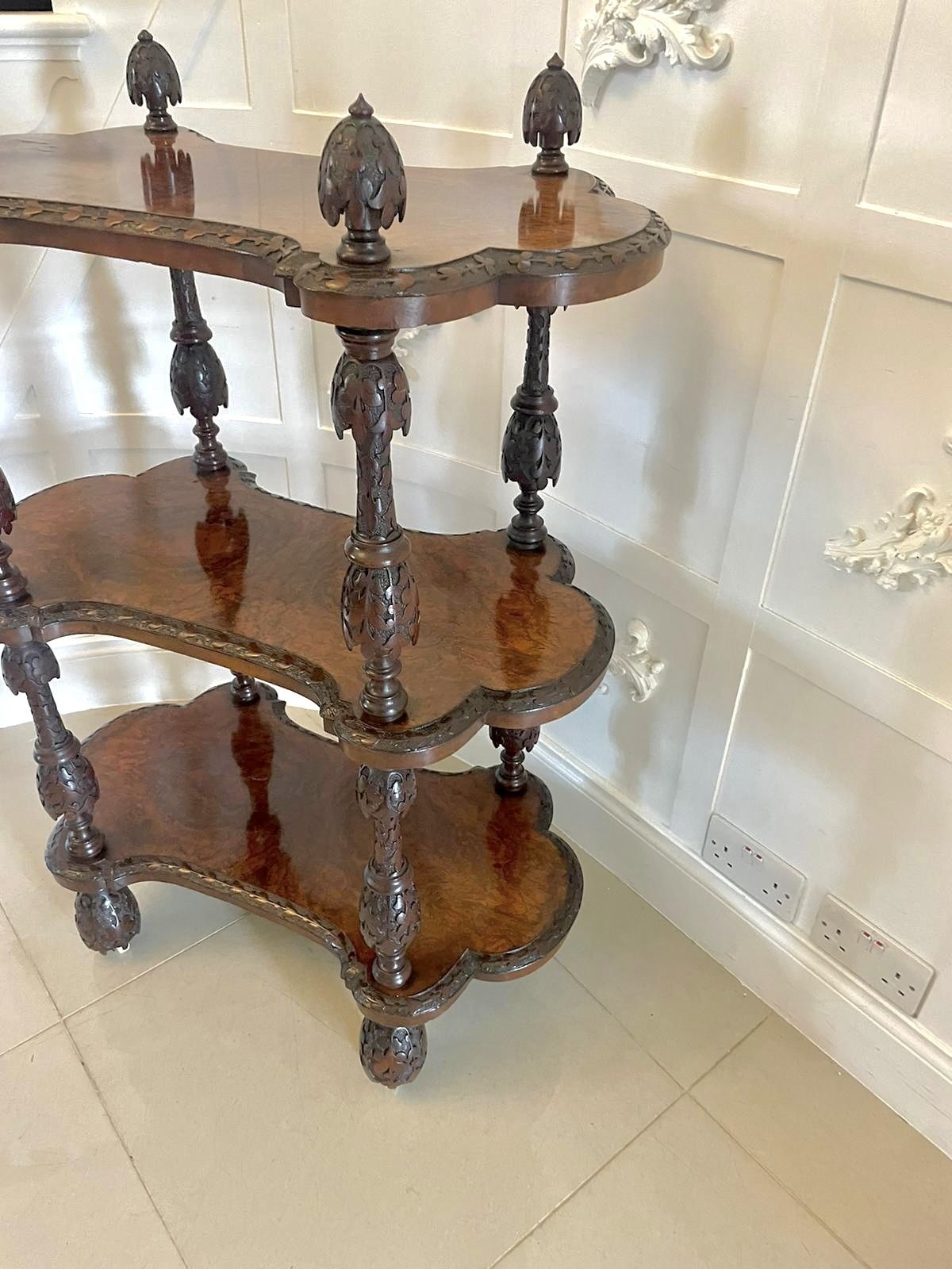 photo furniture Rare Irish Antique 19th Century Exhibition Quality Freestanding Burr Walnut Carved Whatnot
