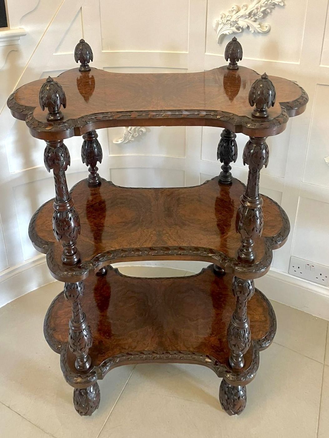 photo for sale Rare Irish Antique 19th Century Exhibition Quality Freestanding Burr Walnut Carved Whatnot