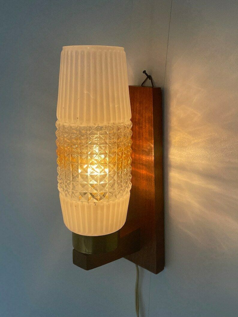 Vintage 50's Mcm Wall Mounted Lamp   Wooden Frame And Brass Detailing   Pressed Glass Shade photo for sale