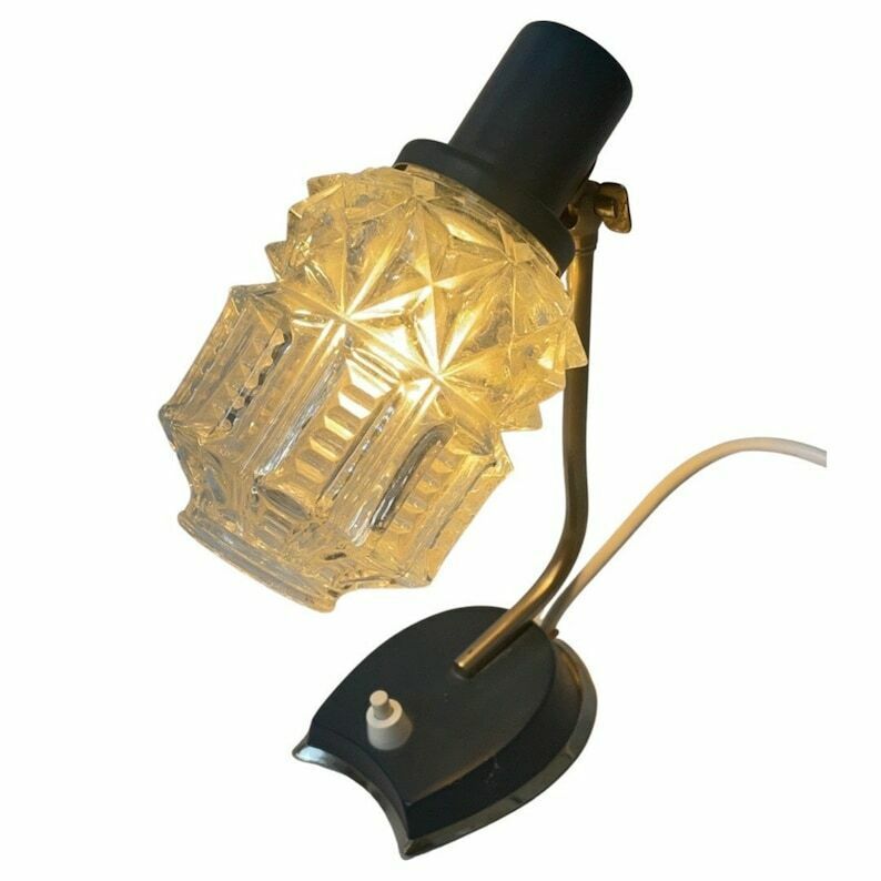 Approx. 1950   Night Lamp Or Desk Lamp   Rewired   Blue Metal Base And Pressed Glass Shade