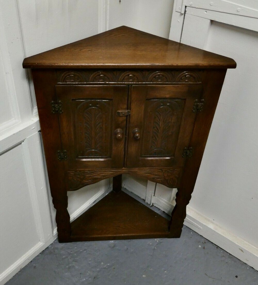 Gothic Oak Shelved Corner Cupboard With Under Tier photo furniture