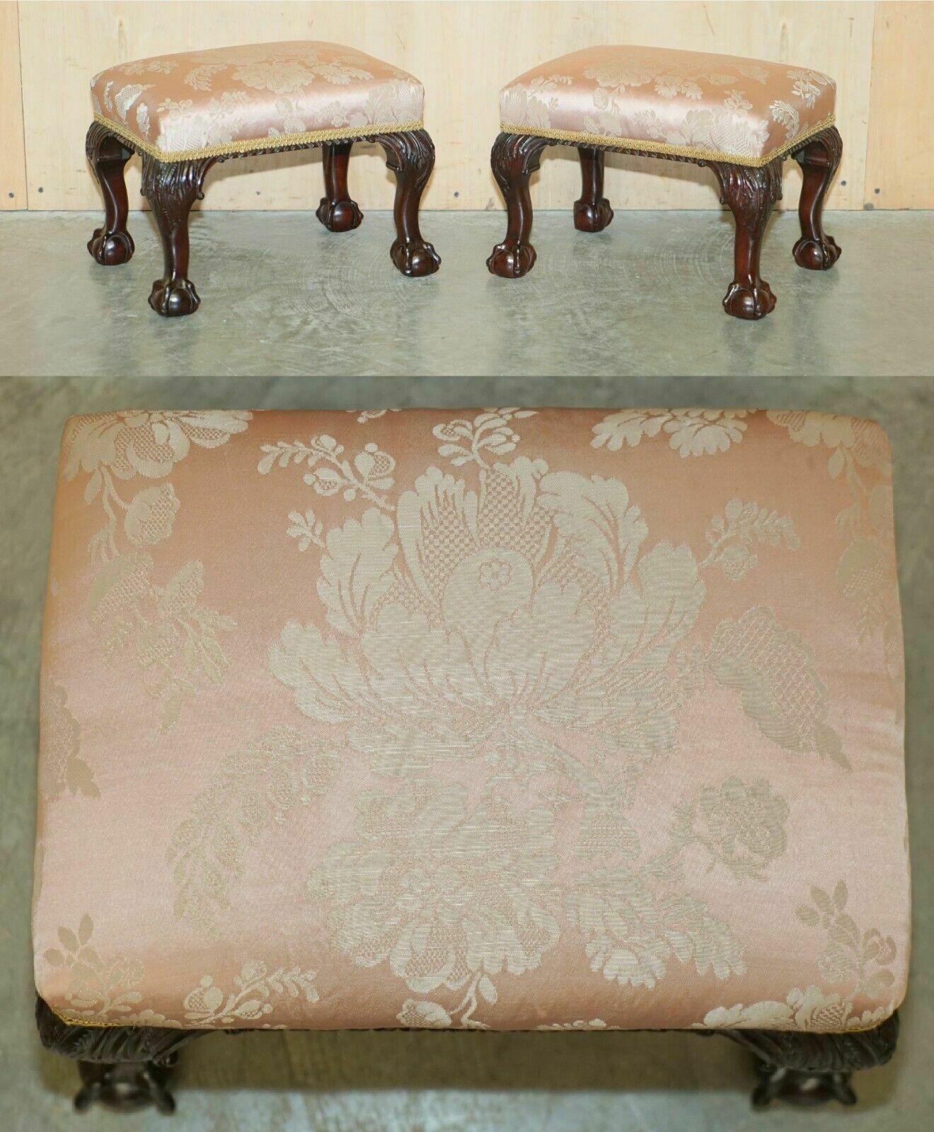 Sublime Pair Of Antique Victorian Claw & Ball Mahogany Framed Small Footstools