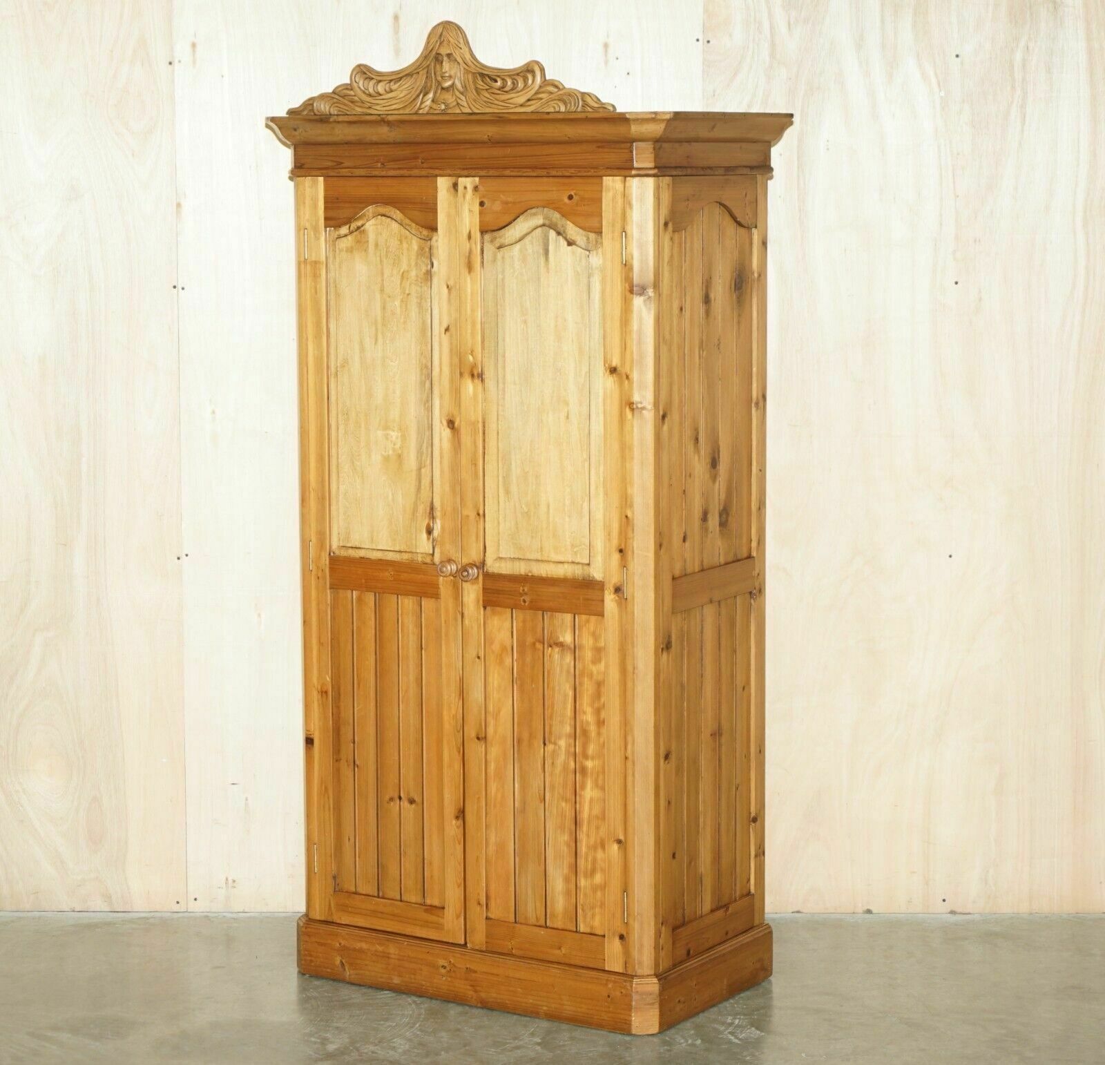 Exquisite Vintage Hand Carved Art Nouveau Pine Wardrobe Nude Nymphs Inside