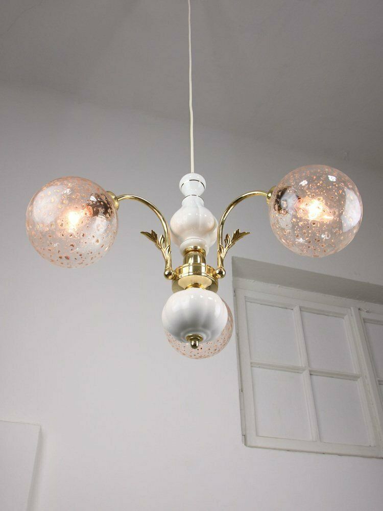 Vintage Italian Golden Ceramic And Glass Chandelier photo vinterior