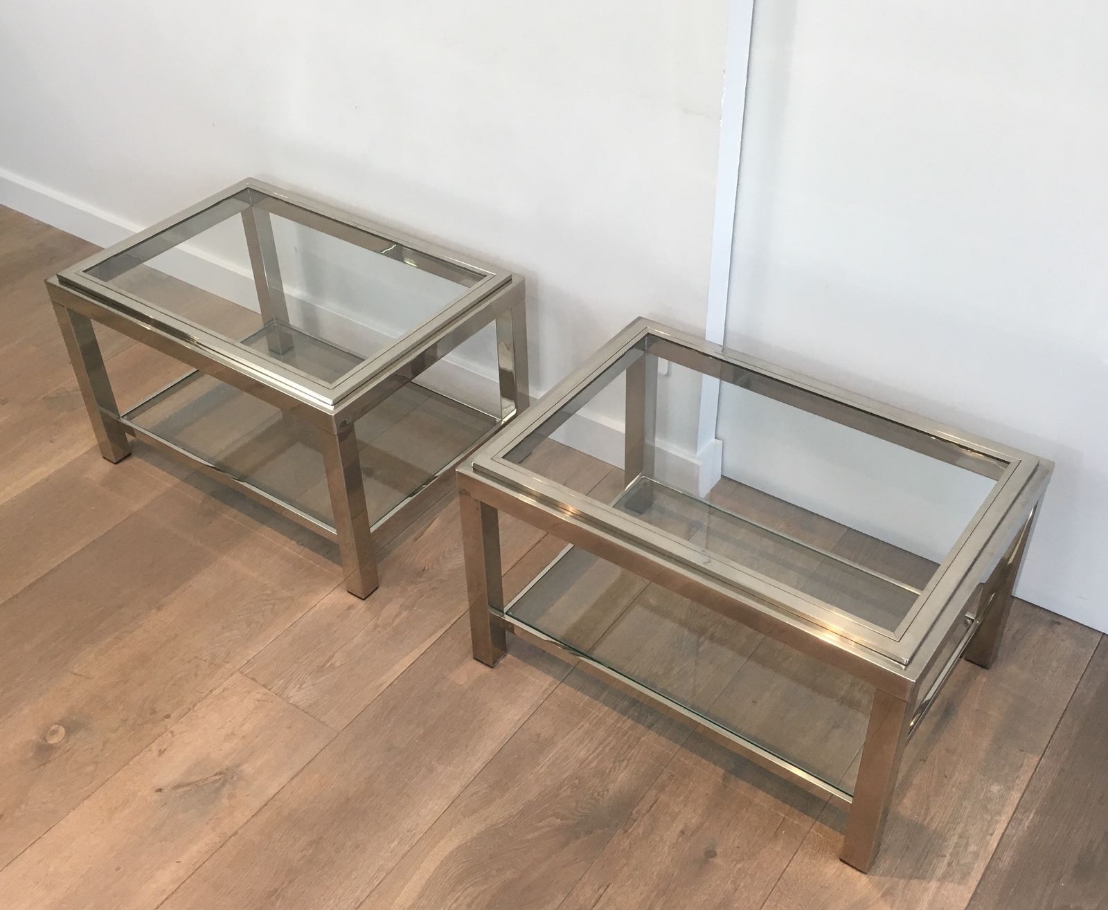 Pair Of Chrome End Tables With Glass Tops photo for sale