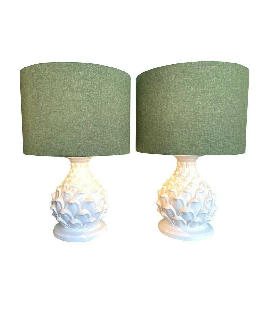 A Large Pair Of 1970s Italian Ceramic Artichoke Lamps With New Bespoke Shades photo vinterior