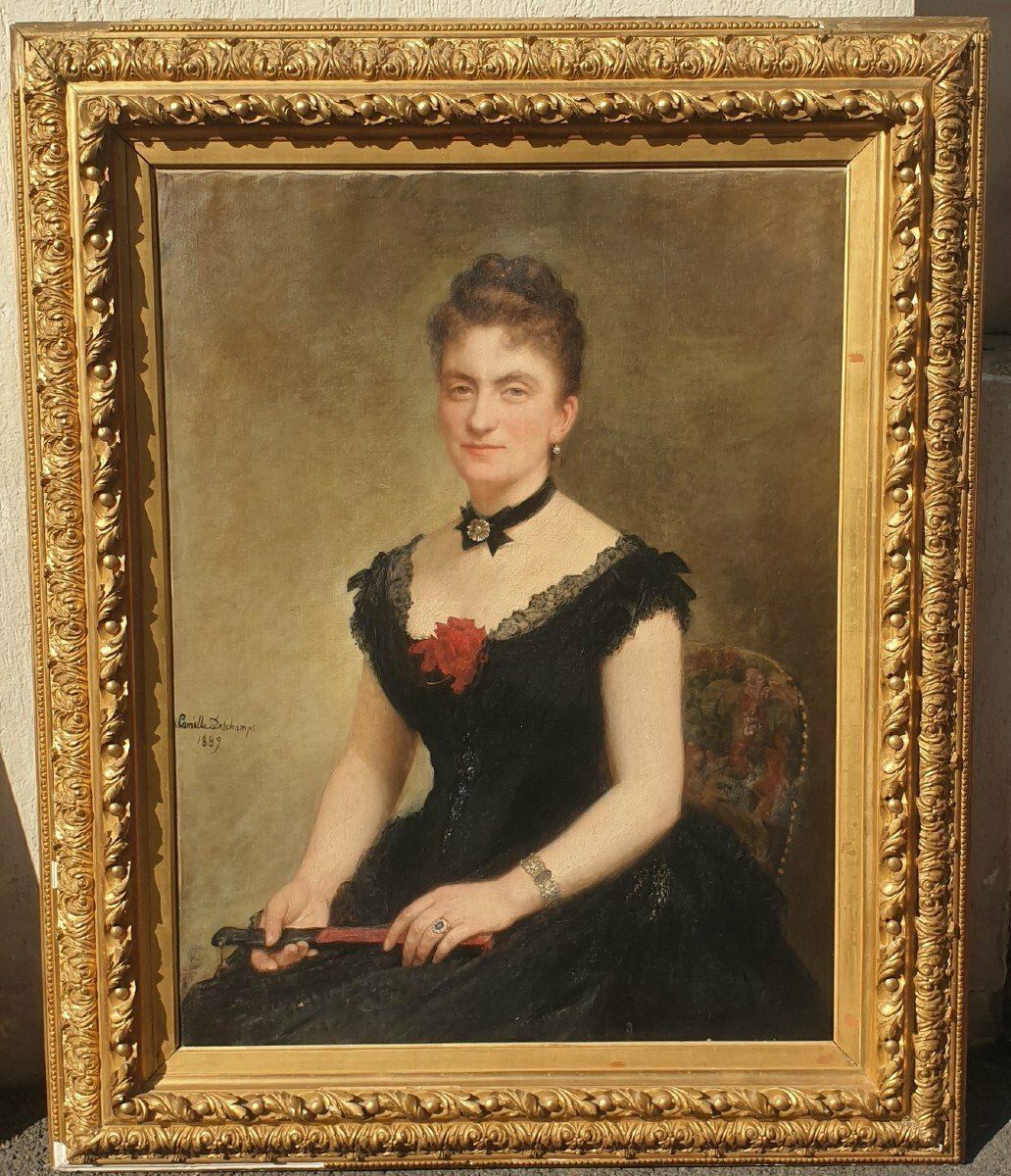 C Deschamps, Portrait Of Woman, In Black Dress, Xixth Century