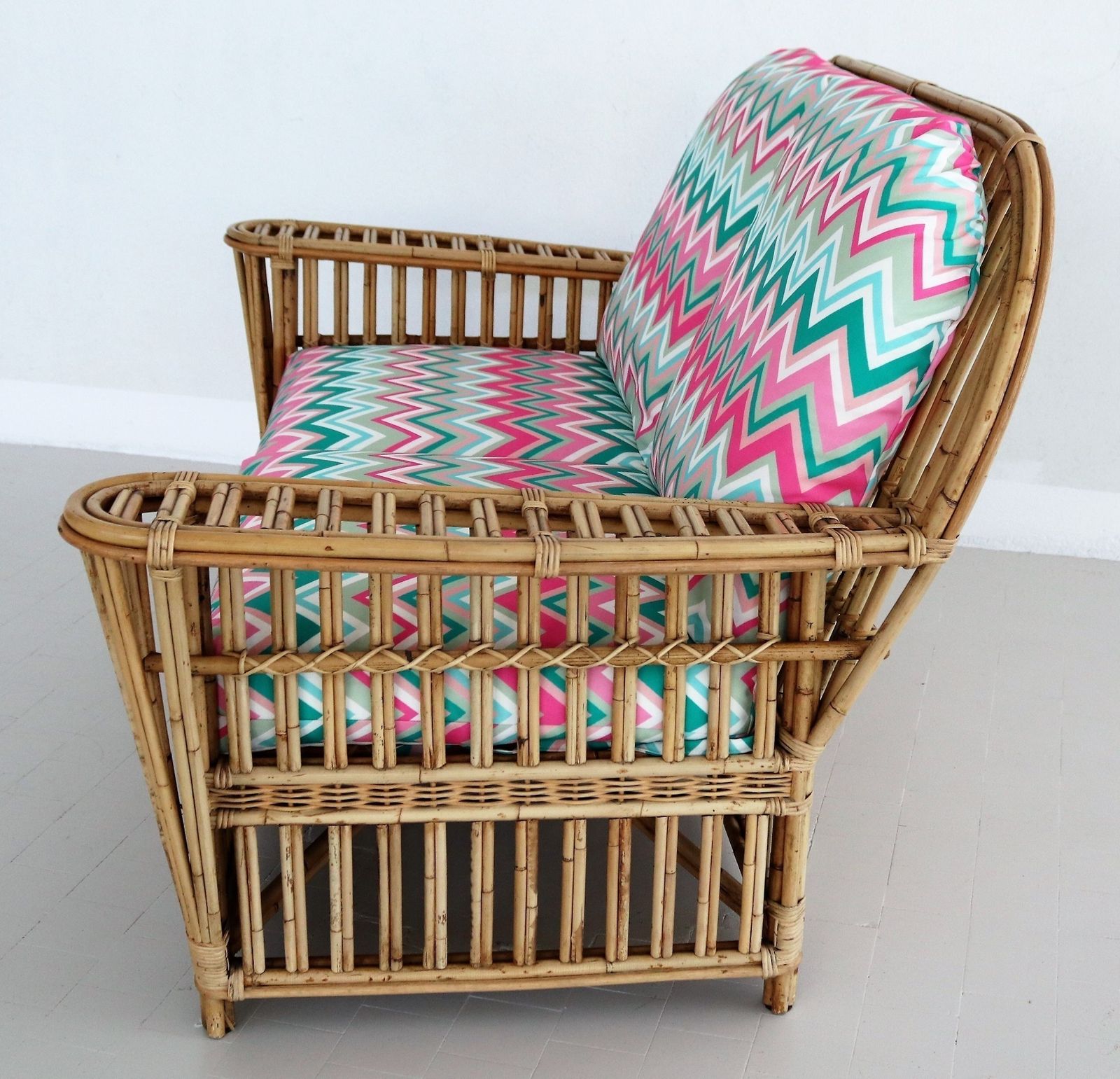 Italian Mid Century Bamboo And Rattan Sofa With New Upholstery, 1980s photo vinterior